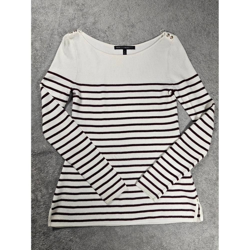 White House Black Market striped rib knit sweater gold button preppy nautical